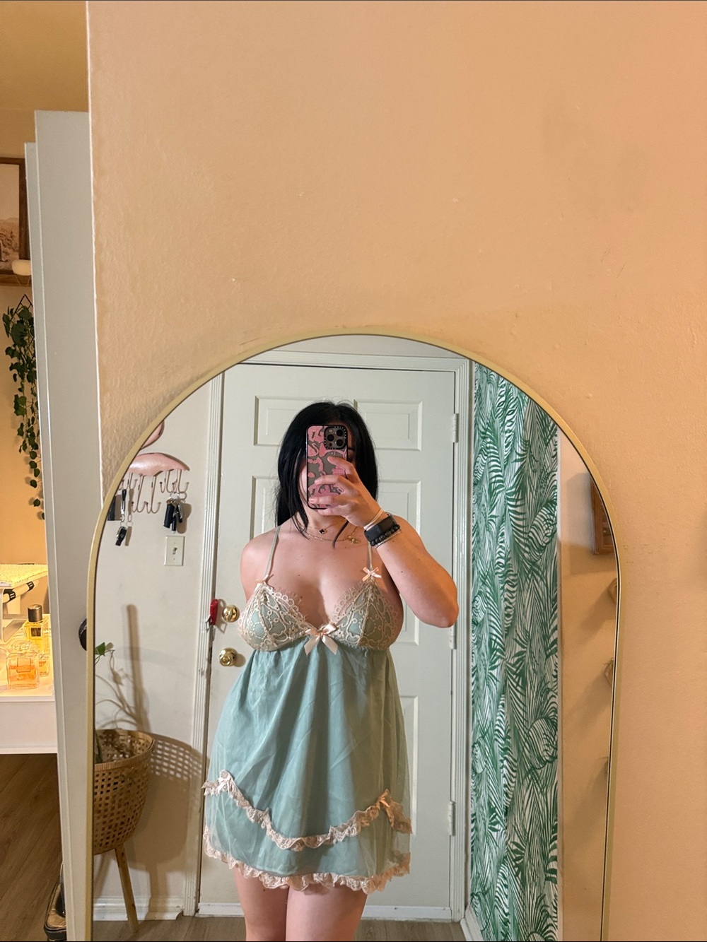 Retro Stage Lace-Trim Babydoll Chemise in Sage Green